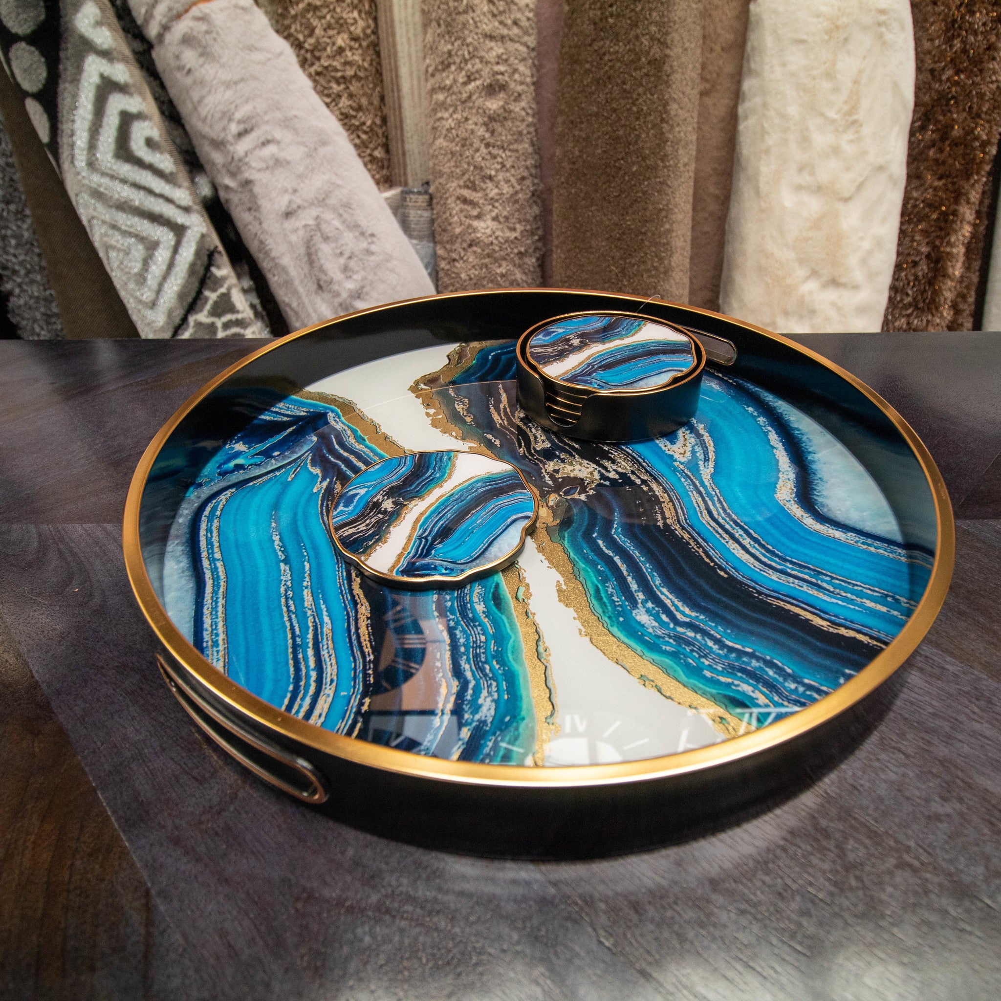 Tray Round - Black With Blue Black Marble